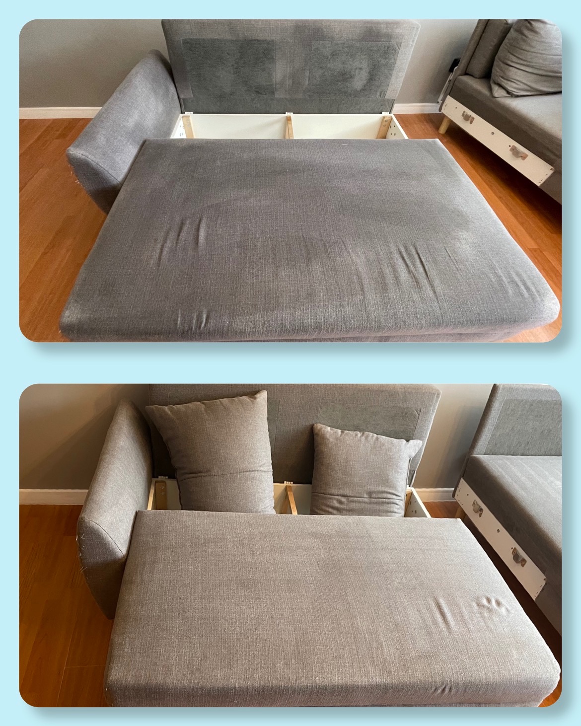 Dwuobrazowe ujęcie rozłożystej, szarej kanapy z widocznymi śladami użytkowania na siedzisku, ukazujące jej konstrukcję i mechanizm rozkładania.