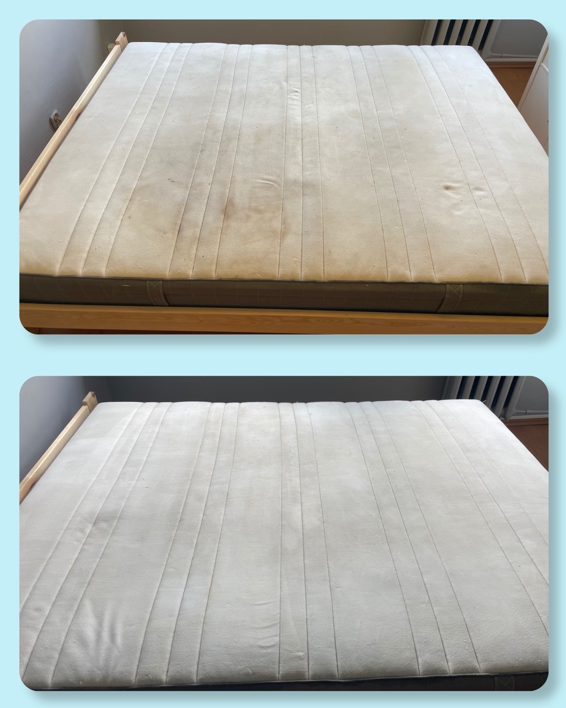Materac na drewnianej ramie łóżka: góra - zabrudzony, dół - po czyszczeniu, widoczne wyraźne kontrasty w czystości. Efekt usługi prania.