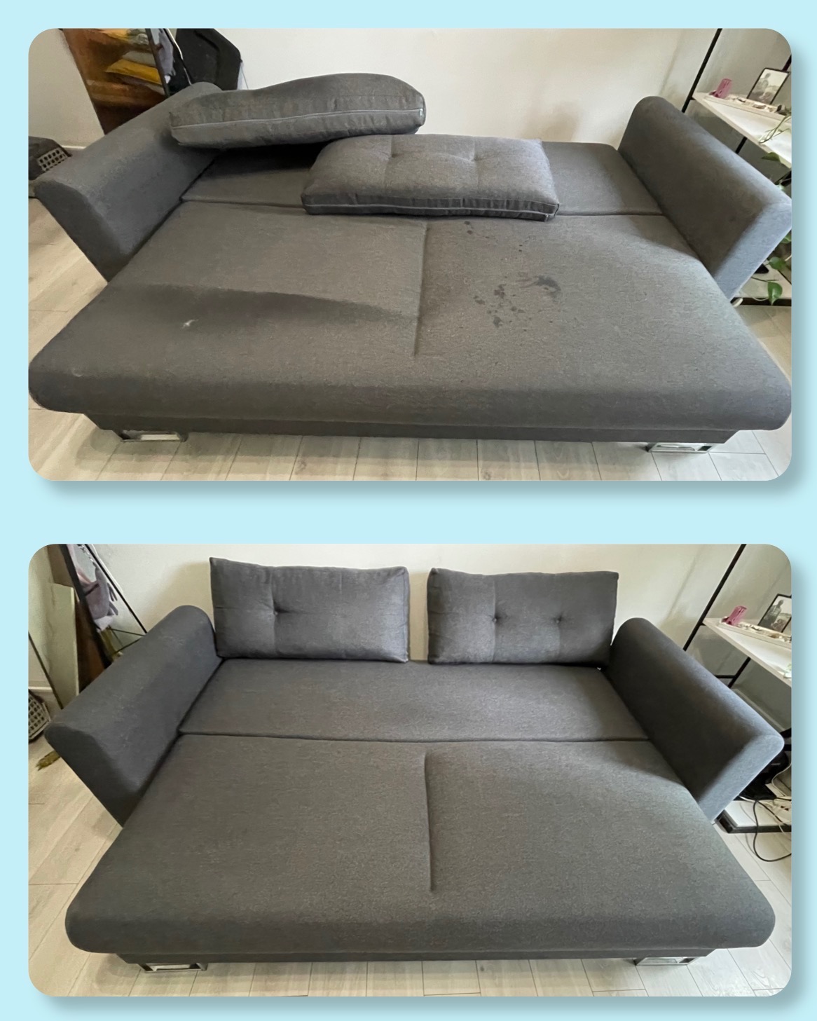 Zdjęcie 'przed i po' prania rozłożonej, szarej kanapy z poduszkami. Na górnym ujęciu widoczne plamy, na dolnym kanapa czysta, bez plam. Efekt czyszczenia tapicerki.
