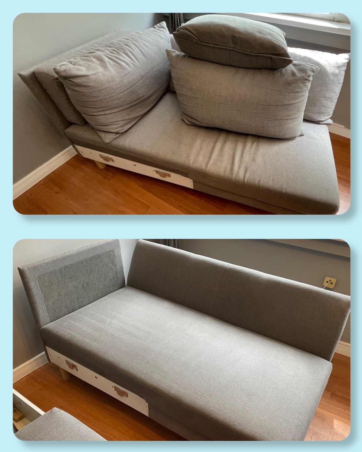 Dwuobrazowe ujęcie rozłożystej, szarej kanapy: górne z poduszkami, dolne bez, ukazujące czystą tapicerkę po odświeżeniu, na tle parkietu.