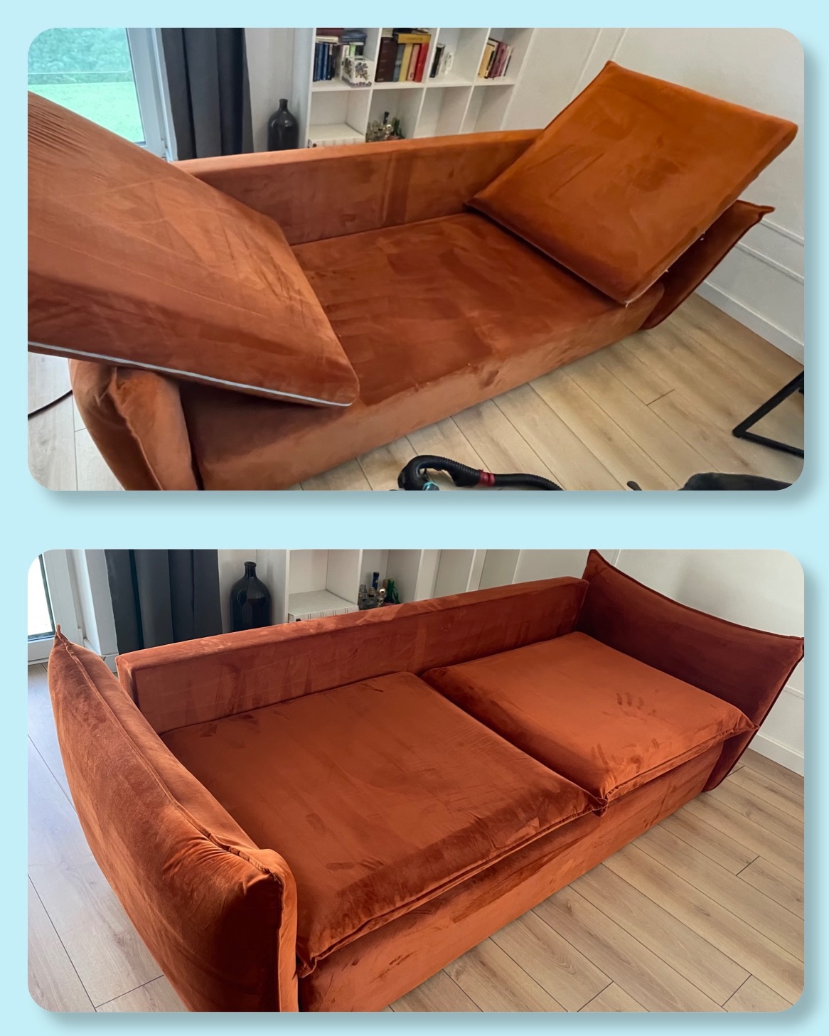 Dwa ujęcia sofy w odcieniach brązu: przed demontażem poduszek i po ich ponownym ułożeniu. Widoczne różnice w ułożeniu i wyglądzie tapicerki.