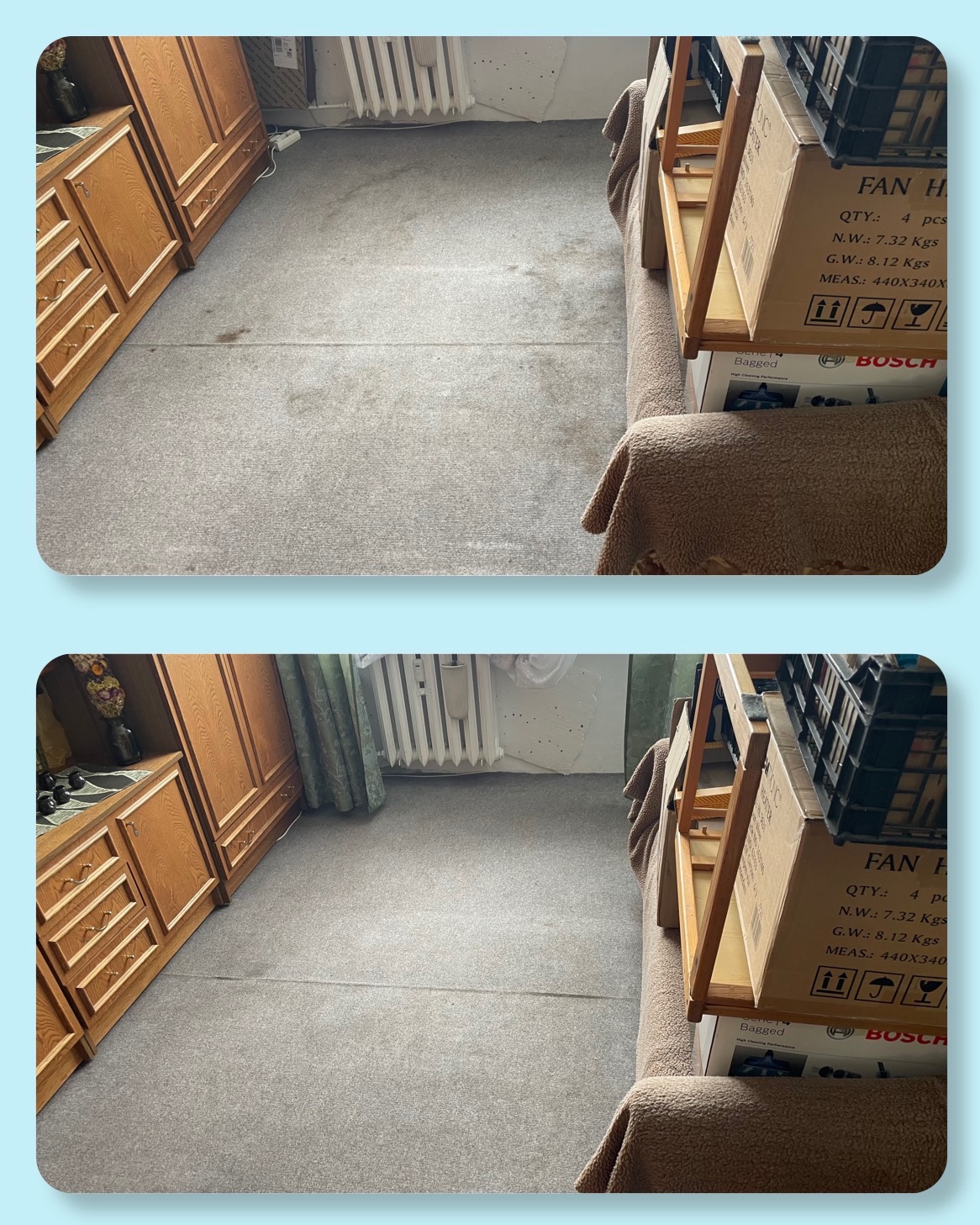 Kolaż: dywan przed i po czyszczeniu, z widocznymi plamami przed i odświeżoną powierzchnią po. Część mebli i kartonów widoczna w tle.