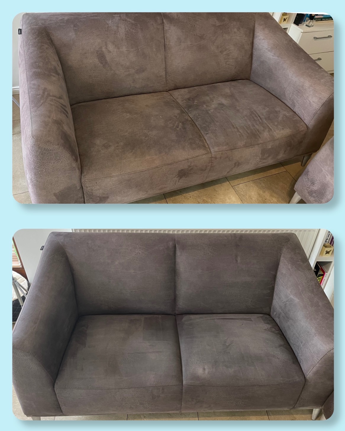 Zdjęcie 'przed i po' dwuosobowej, szarej kanapy z widocznymi plamami na tapicerce, ukazujące efekt czyszczenia. Minimalistyczny design, jasne tło.