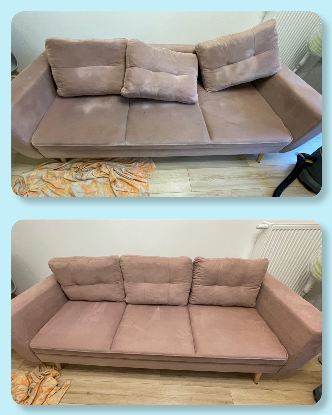 Różowa kanapa przed i po czyszczeniu, widoczne plamy i różnica w wyglądzie tapicerki. Zdjęcie na jasnym tle, z bliska, ukazujące detale.