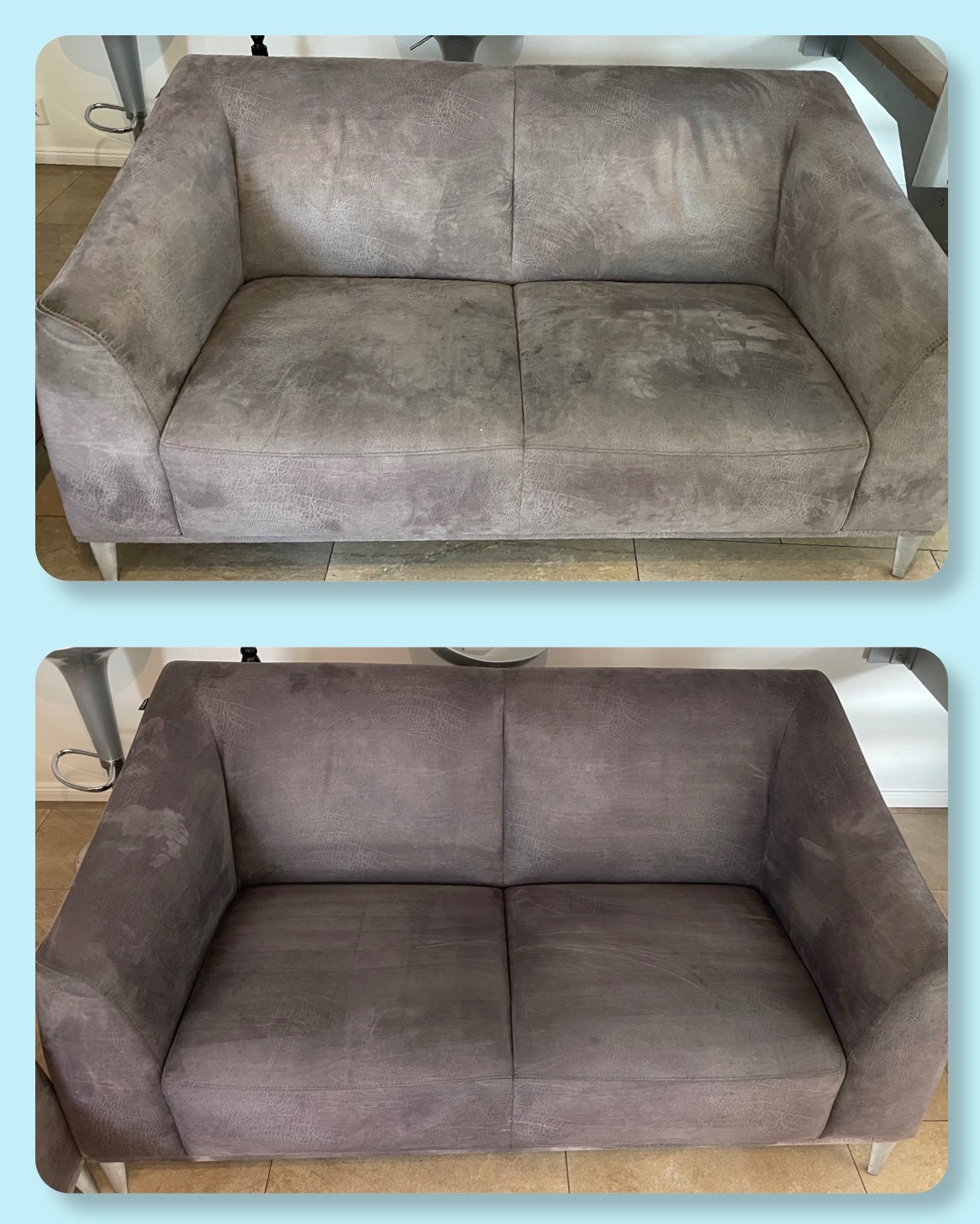 Szara kanapa typu przed i po praniu tapicerki. Widoczne wyraźne różnice w czystości materiału. Kanapa dwuosobowa na srebrnych nóżkach.