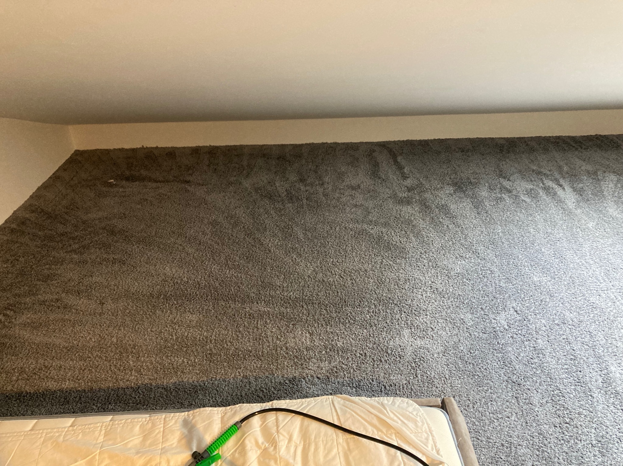 Szary dywan po czyszczeniu, widoczny fragment materaca z dyszą parową. Świeżo wyczyszczona powierzchnia dywanu. Jasne wnętrze.