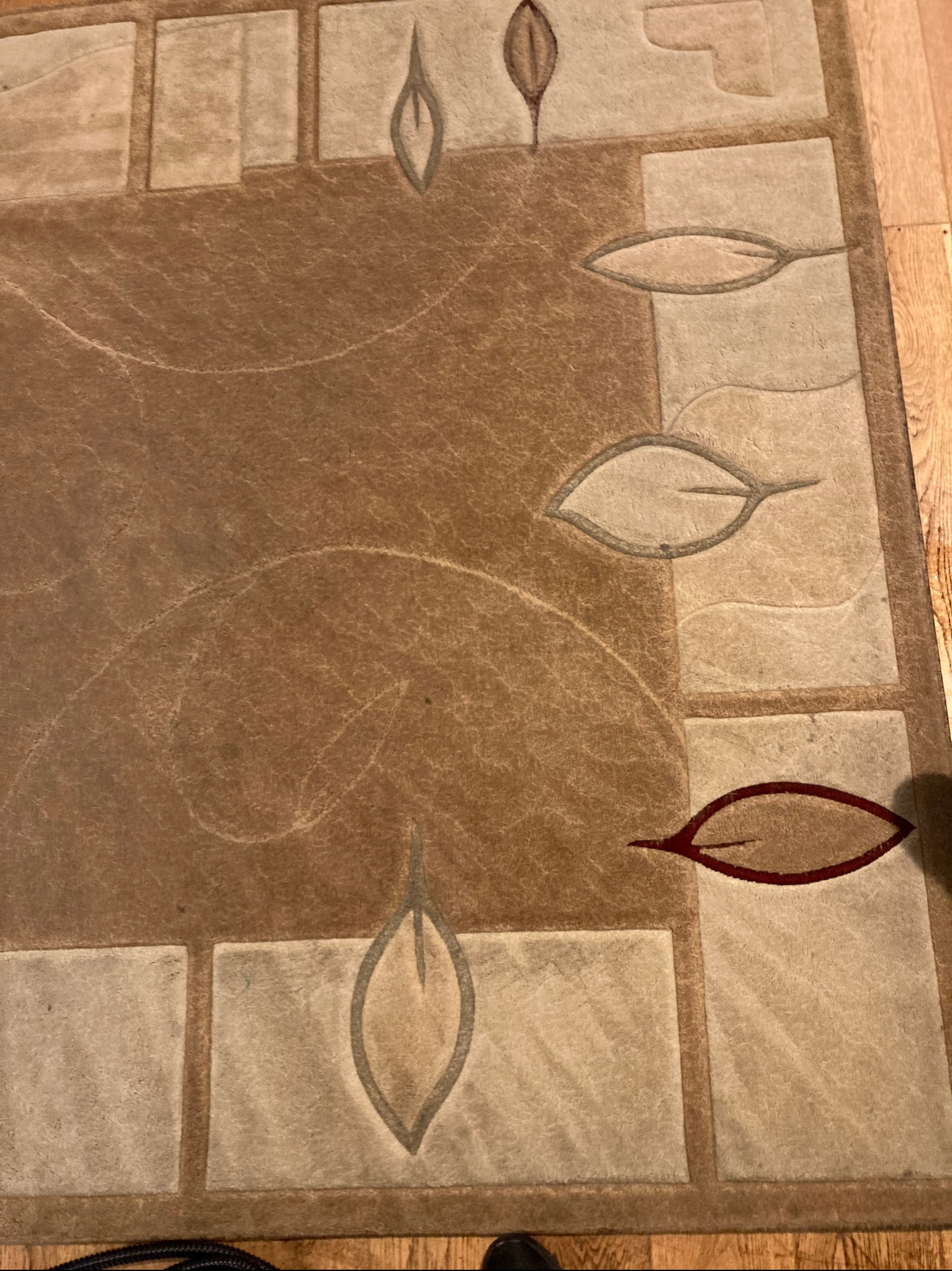 Beżowy dywan z geometrycznym wzorem liści na drewnianej podłodze. Widoczne delikatne ślady użytkowania i detale struktury materiału.