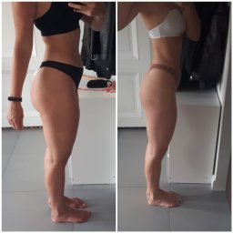 Anna Kościuczyk - Dwa zdjęcia sylwetki kobiety, prezentujące zmiany w figurze, wykonane w Krakowie. Po lewej stronie sylwetka w czarnym stroju sportowym, po prawej w białym biustonoszu i beżowych majtkach. Widoczna...