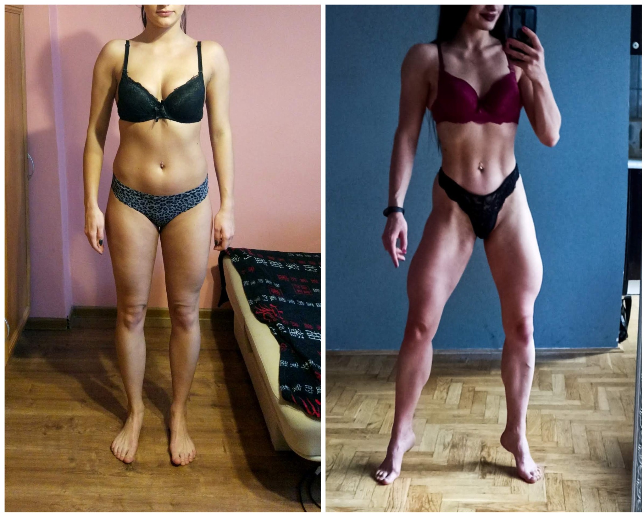 Porównanie sylwetki kobiety przed i po treningu, widoczne zmiany w definicji mięśni brzucha i nóg.