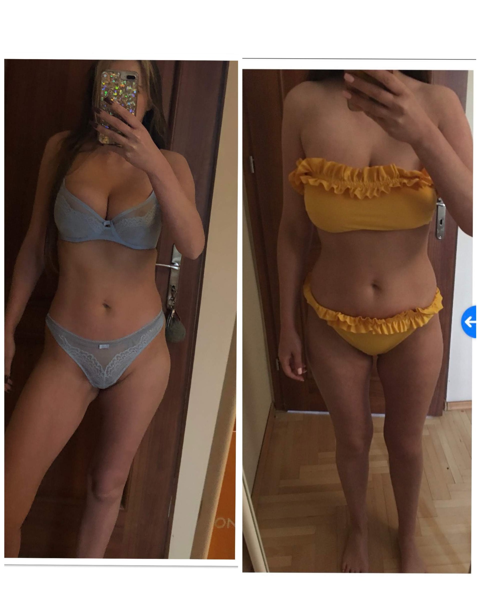 Kolaż dwóch zdjęć kobiety prezentującej sylwetkę w bieliźnie koronkowej i stroju kąpielowym z falbankami, z telefonem zasłaniającym twarz.