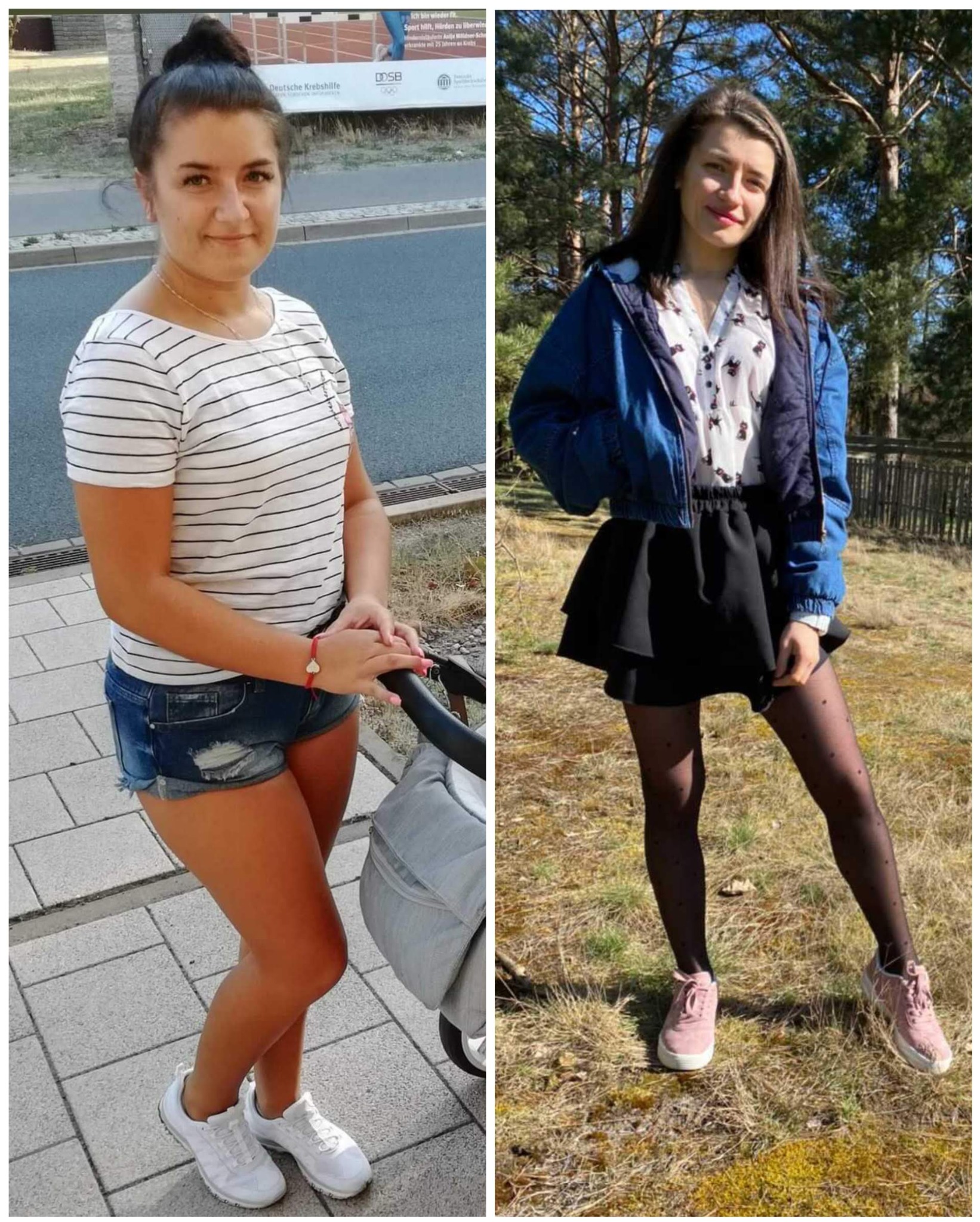 Kolaż przedstawiający kobietę przed i po potencjalnej metamorfozie; po lewej stronie kobieta w dżinsowych spodenkach i koszulce w paski, po prawej w spódnicy, bluzce w kwiaty i kurtce jeansowej