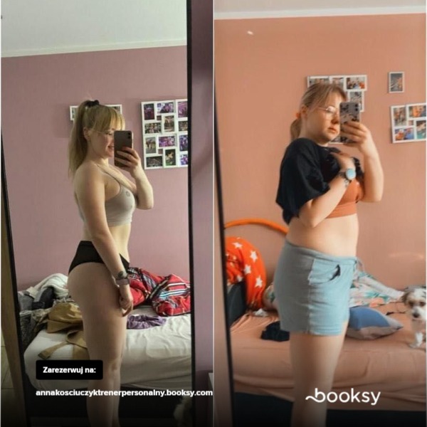 Kobieta prezentuje metamorfozę sylwetki, zdjęcia przed i po, z widoczną różnicą w obwodzie talii i bioder, zrobione w domowym otoczeniu przed lustrem.