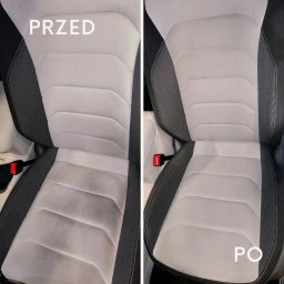 PRANKO - Mobilne pranie tapicerki - Tapicerka samochodowa jasnoszara, porównanie przed i po praniu, widoczne plamy usunięte.
