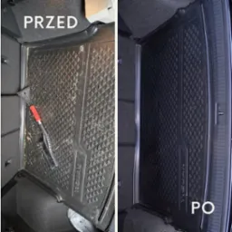 Porównanie stanu bagażnika samochodu przed i po czyszczeniu: po lewej brudna, gumowa mata z resztkami organicznymi i szczotką, po prawej czysta, czarna mata o identycznej fakturze.