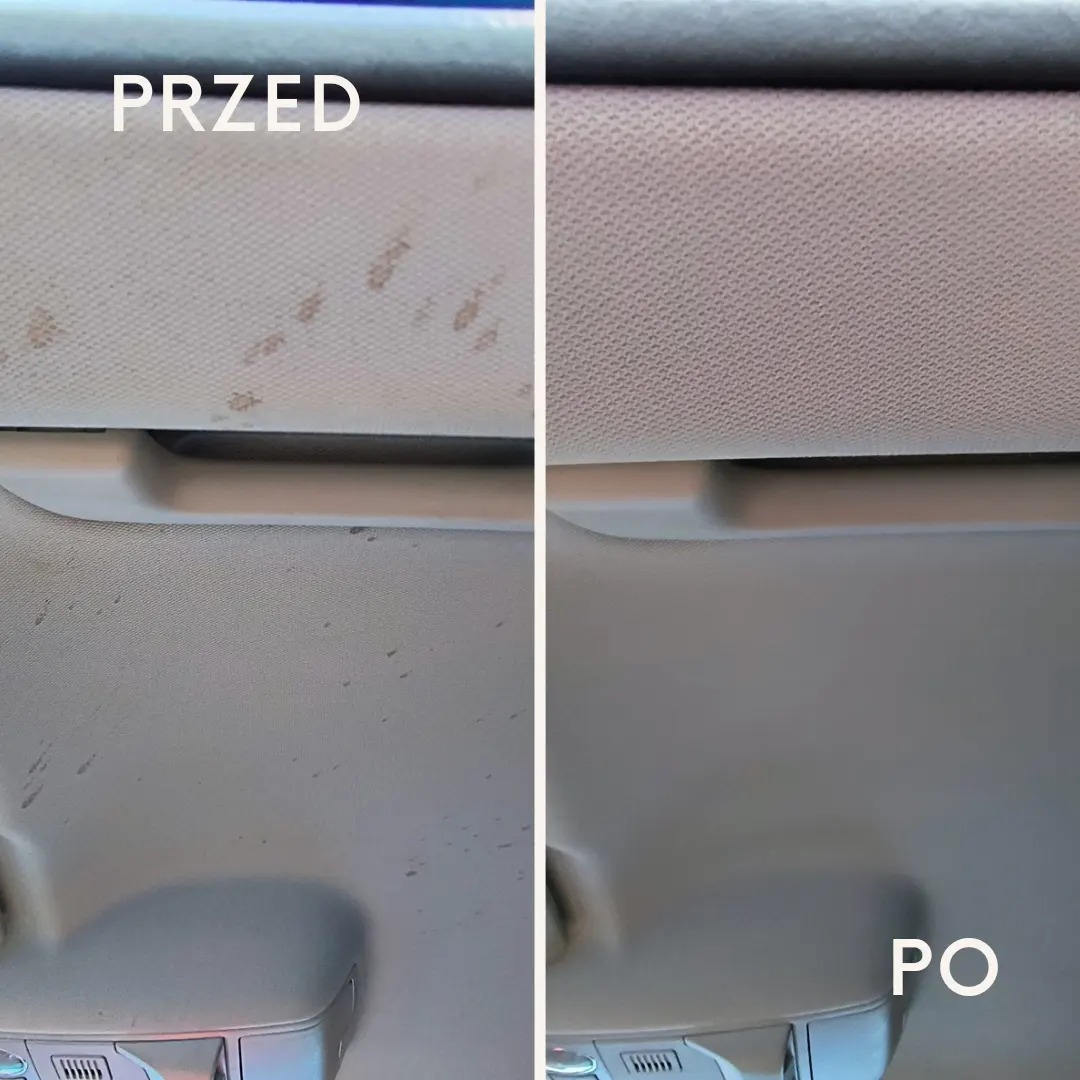 Porównanie przed i po czyszczeniu podsufitki samochodu w Piasecznie, widoczne usunięcie zabrudzeń i plam.