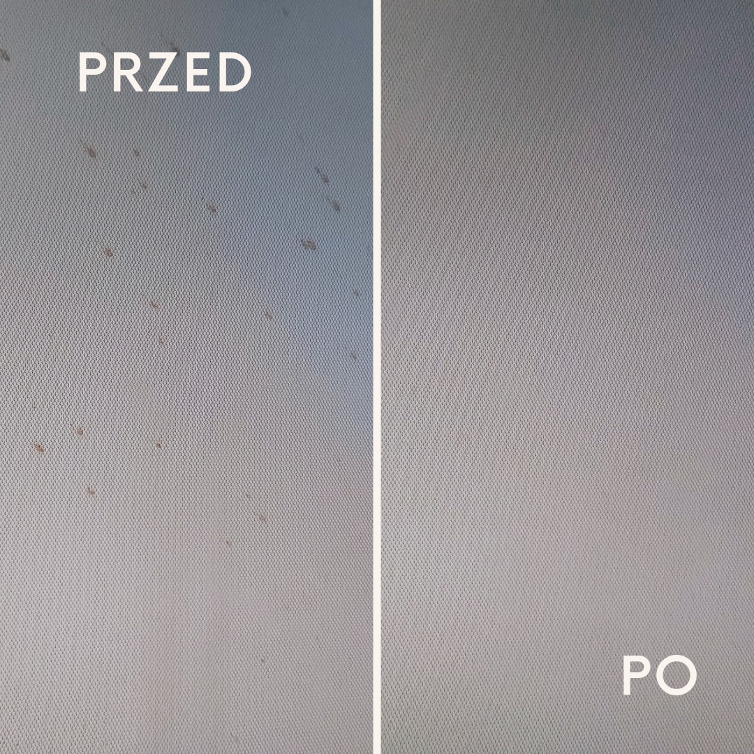 Porównanie fragmentu jasnej tkaniny przed i po czyszczeniu, widoczne plamy usunięte, ujęcie z bliska.