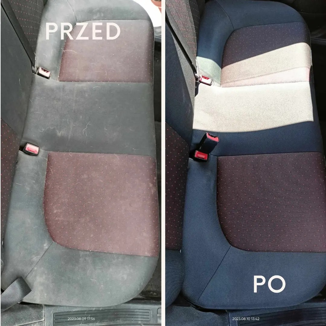 Tapicerka samochodowa: widok przed i po czyszczeniu. Po lewej stronie widoczny brudny, zakurzony materiał, po prawej czysty, odświeżony fotel samochodowy.