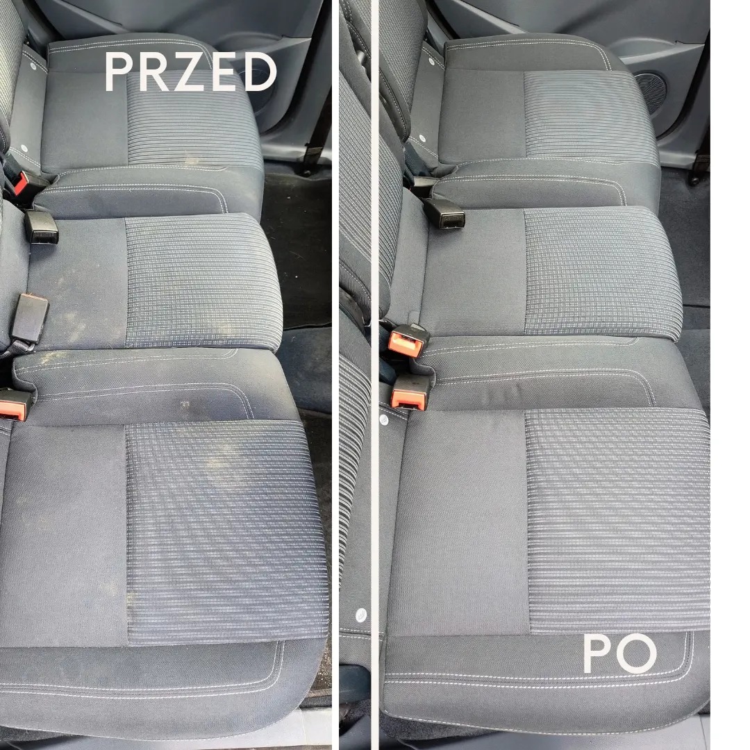 Fotele samochodowe z materiałową tapicerką: widok przed i po czyszczeniu, z wyraźną różnicą w czystości i odświeżeniu koloru.