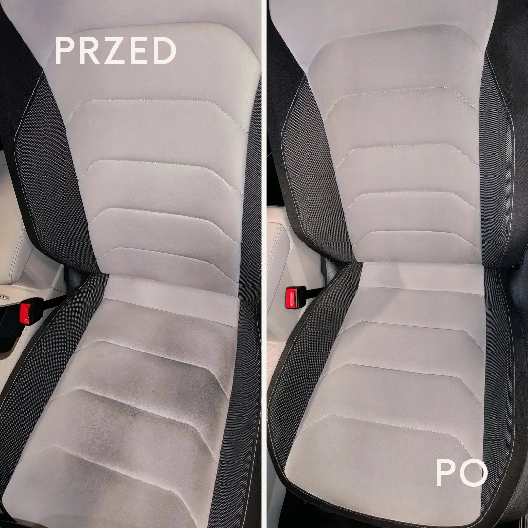 Tapicerka samochodowa jasnoszara, porównanie przed i po praniu, widoczne plamy usunięte.
