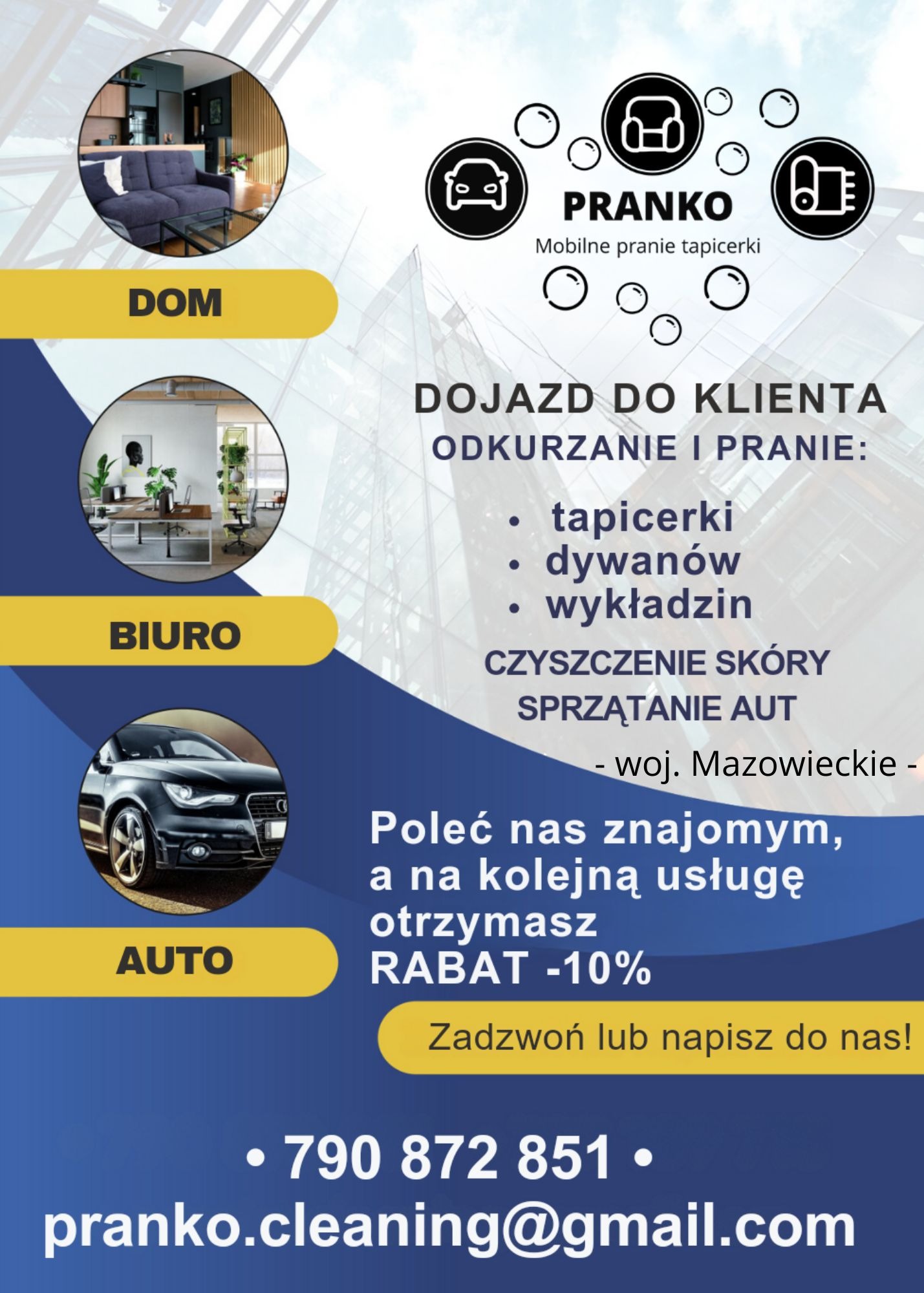 Grafika reklamowa firmy Pranko oferującej mobilne usługi czyszczenia: tapicerki, dywanów, wykładzin, czyszczenia skóry i sprzątania aut na terenie województwa mazowieckiego. Na górze zdjęcie salonu...