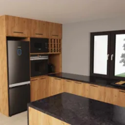 Wizualizacja kuchni z drewnianymi frontami, czarnym blatem i sprzętem AGD, z wyspą kuchenną i oknem.