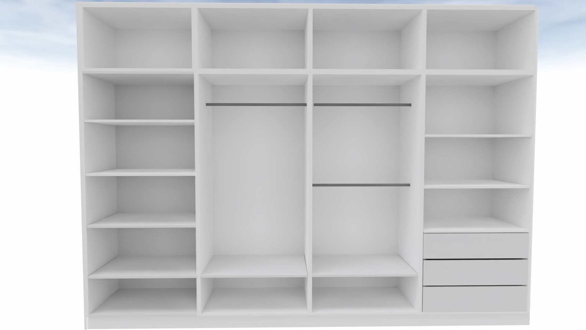 Wizualizacja 3D białej szafy wnękowej z półkami, drążkami i trzema szufladami na dole, na tle błękitnego nieba.
