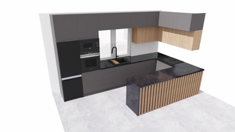Wizualizacja kuchni z szarymi szafkami, czarnym sprzętem AGD i wyspą z drewnianymi lamelami.
