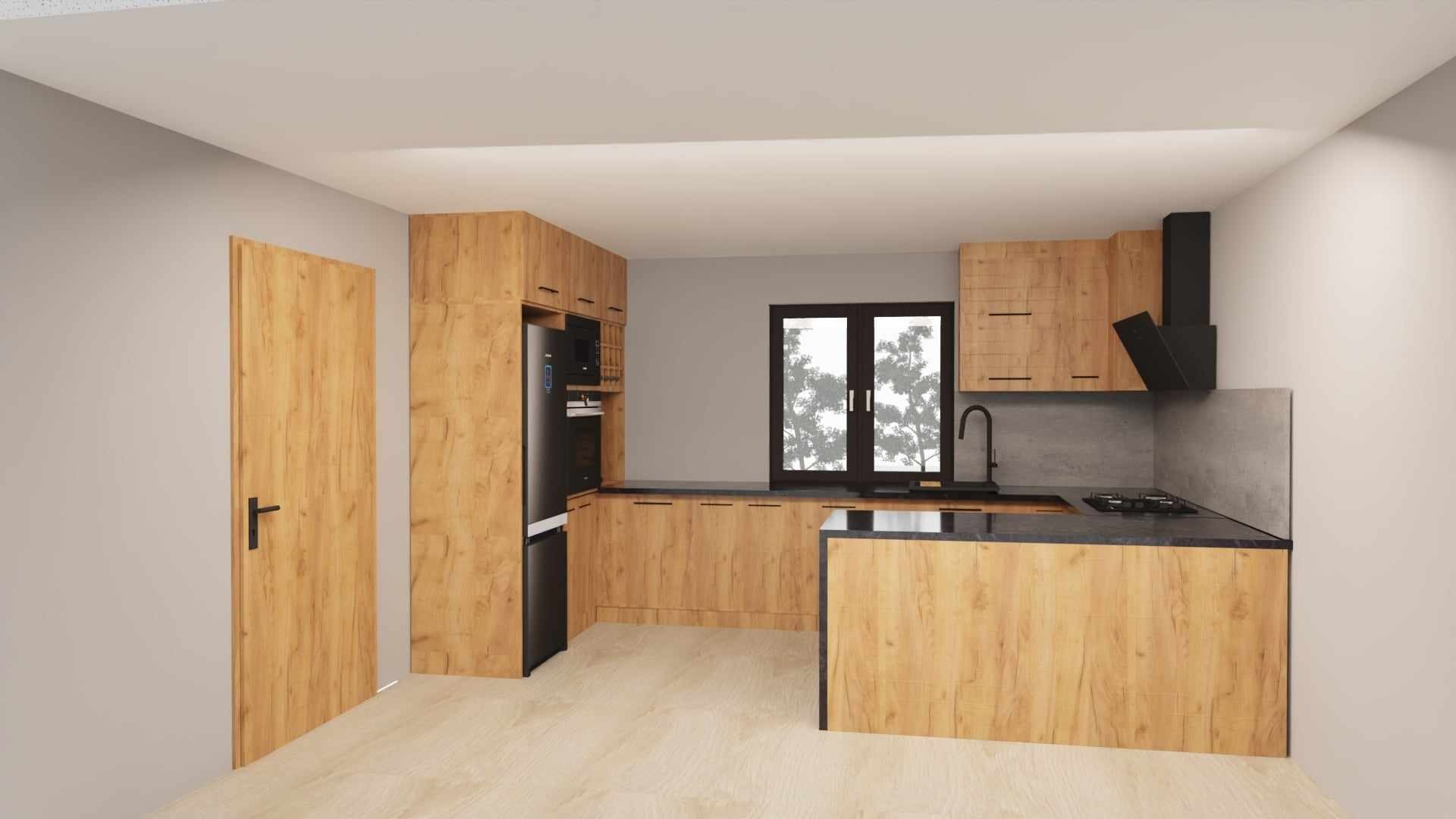 Wizualizacja kuchni z drewnianymi frontami, czarnym blatem i sprzętem AGD, okno z widokiem na drzewa, minimalistyczny design.