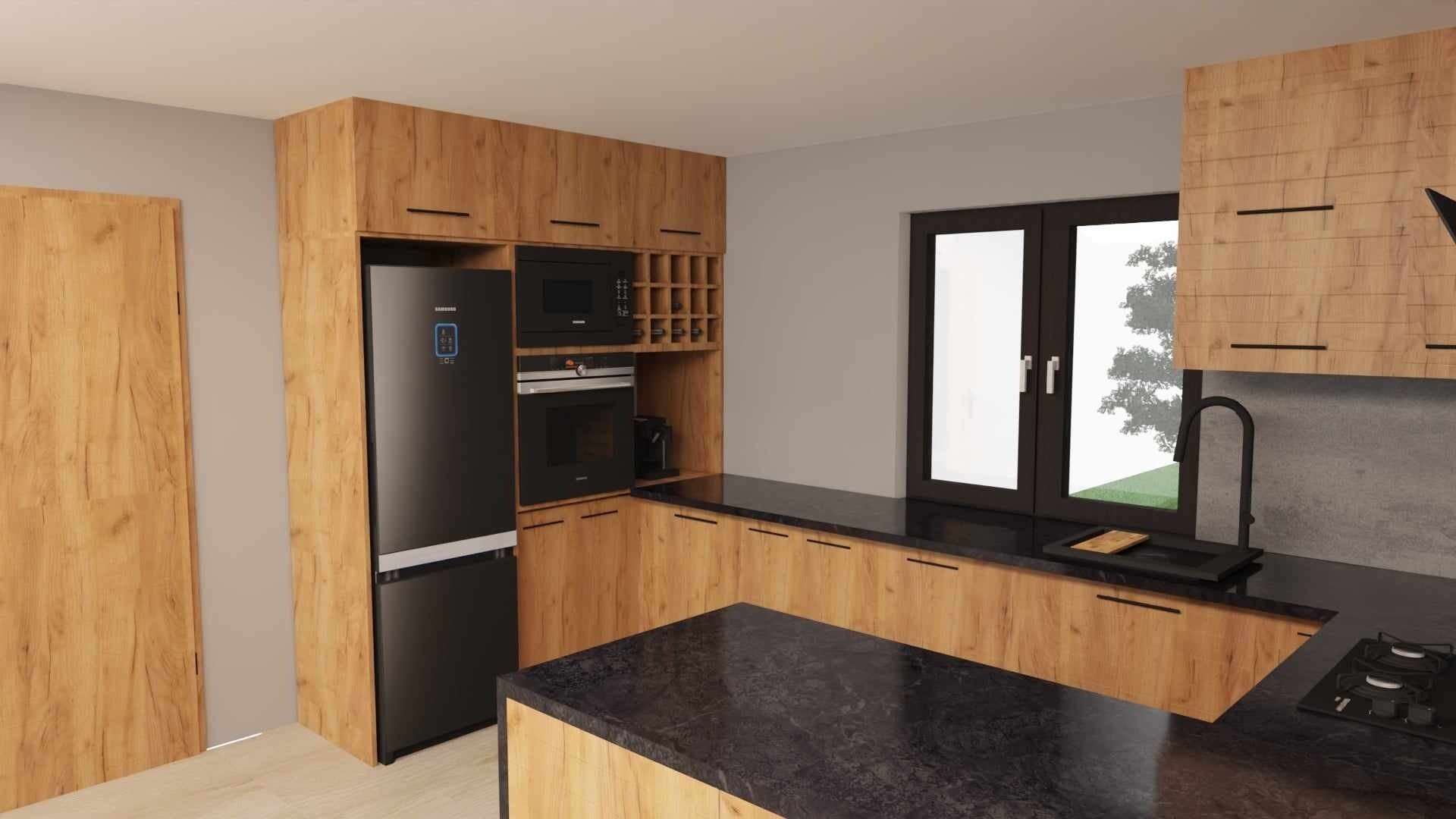 Wizualizacja kuchni z drewnianymi frontami, czarnym blatem i sprzętem AGD, z wyspą kuchenną i oknem.