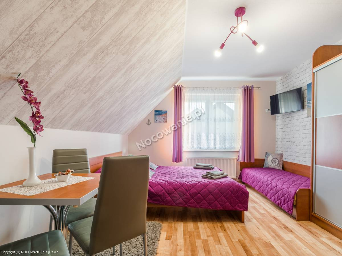 Pokój w pensjonacie z dwoma łóżkami z fioletowymi narzutami, stołem jadalnym z kwiatami, telewizorem na ścianie z cegły i skośnym sufitem z drewnianą boazerią.