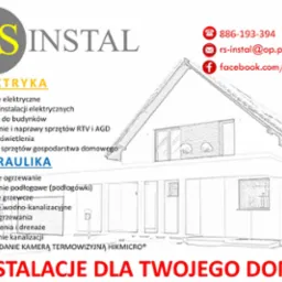 Grafika reklamowa firmy RS Instal oferującej usługi elektryczne i hydrauliczne, w tym badanie kamerą termowizyjną, z logotypem, danymi kontaktowymi i schematycznym rysunkiem domu.