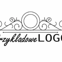 Elegancki, czarno-biały projekt znaku firmowego z ozdobnymi elementami roślinnymi i napisem 'Przykładowe LOGO' w ozdobnej czcionce.