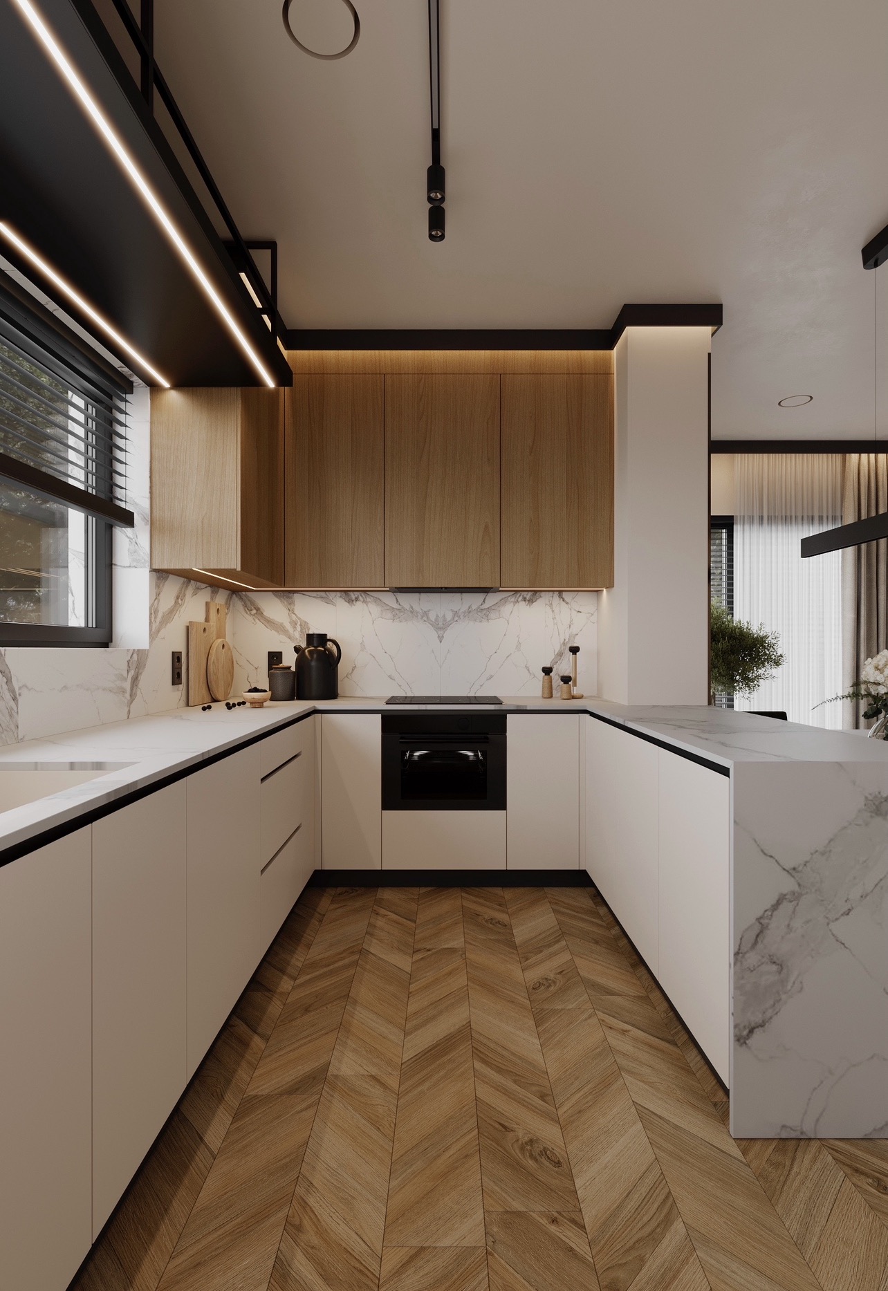 Nowoczesna kuchnia z drewnianymi szafkami, blatem z marmuru i parkietem ułożonym w jodełkę; czarne, minimalistyczne oświetlenie sufitowe.