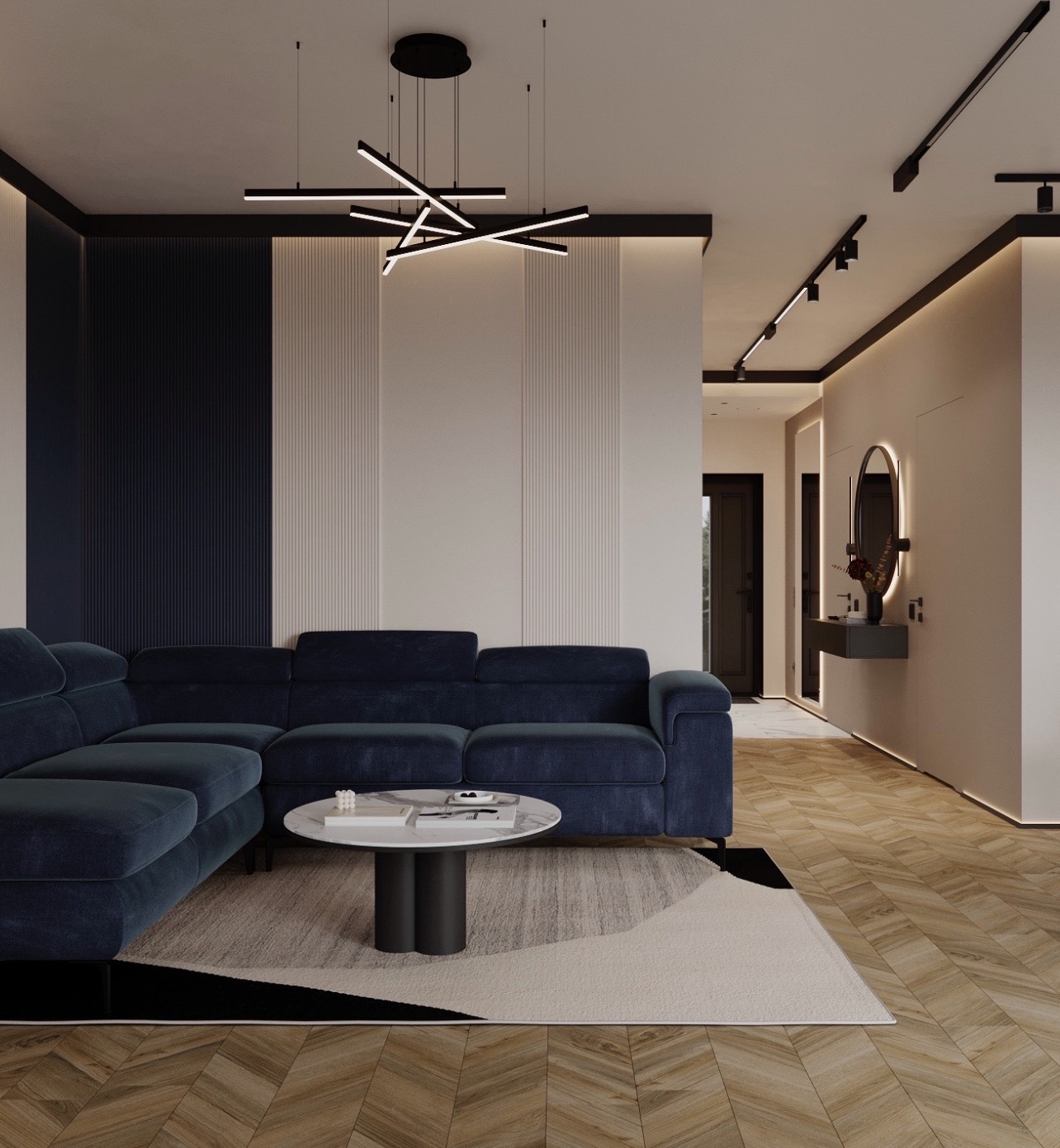 Nowoczesny salon z narożną sofą w odcieniach granatu, marmurowym stolikiem kawowym i designerską lampą sufitową z czarnymi elementami, parkiet w jodełkę.