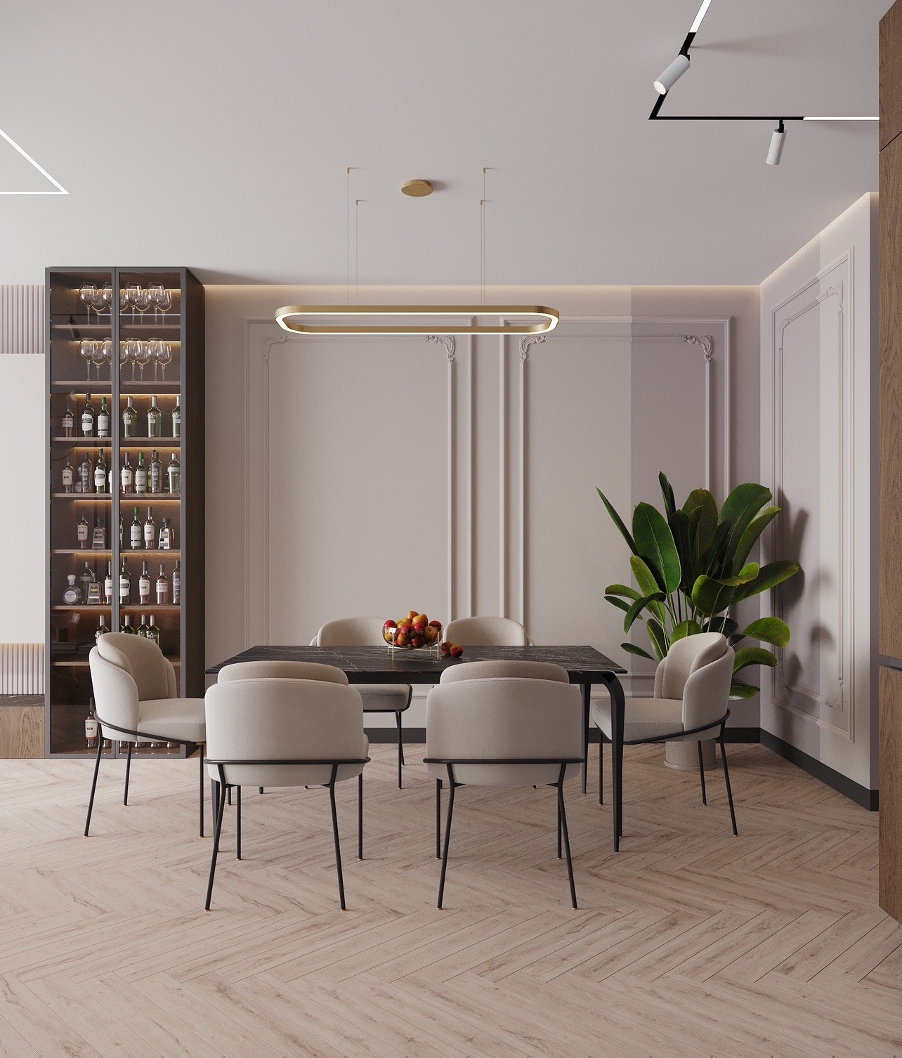 Elegancka jadalnia z sześcioma krzesłami z beżową tapicerką przy czarnym stole, oświetlona podłużną lampą, z parkietem w jodełkę na podłodze i przeszkloną witryną z butelkami w tle.