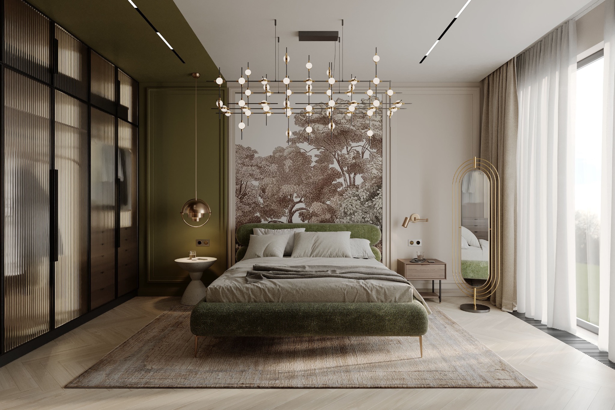 Nowoczesna sypialnia z łóżkiem w odcieniach zieleni, ozdobnym tapetą z motywem drzew, designerską lampą sufitową i wysokim lustrem w złotej ramie.