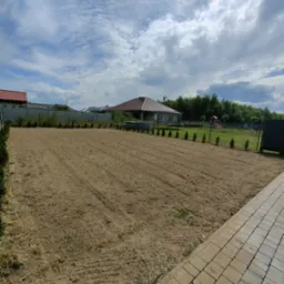 Przygotowany teren pod przyszły ogród, widoczne ślady po maszynach, obrzeża obsadzone tujami, w tle dom jednorodzinny i błękitne niebo z chmurami.