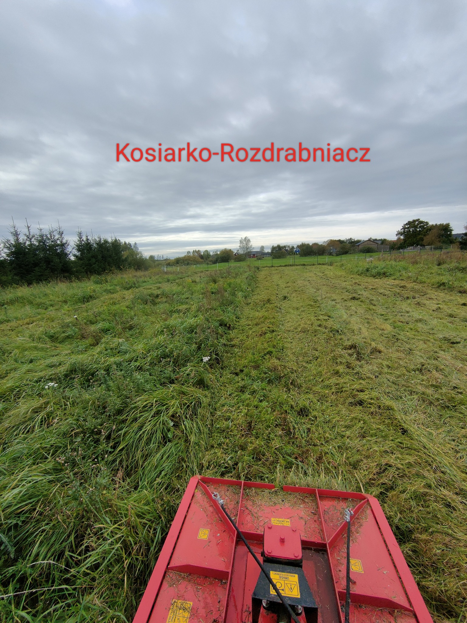 Widok z perspektywy operatora na pole z częściowo skoszoną trawą, ukazujący czerwoną kosiarkę-rozdrabniacz w trakcie pracy, z widocznymi śladami cięcia i resztkami trawy na urządzeniu.