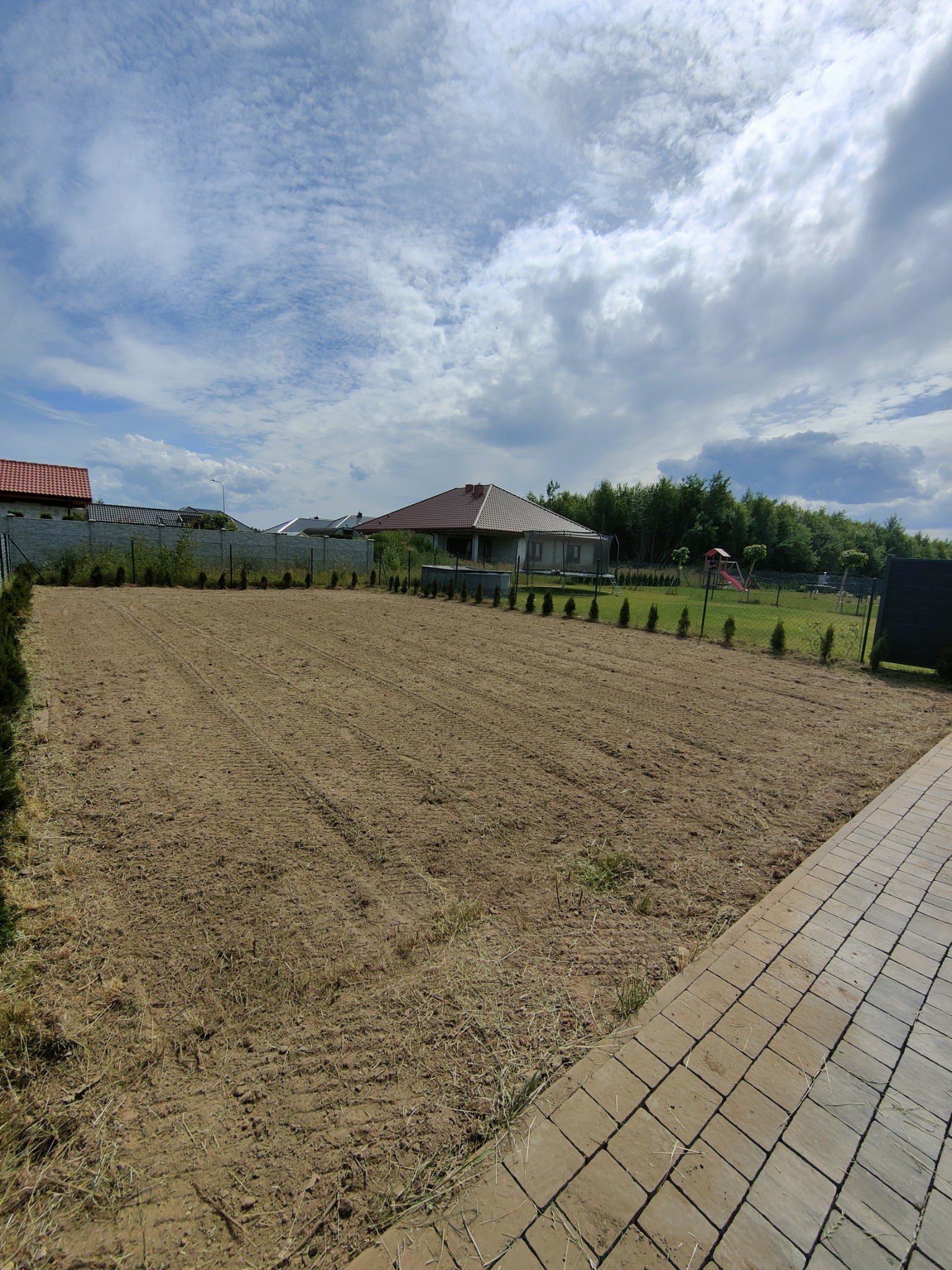 Przygotowany teren pod przyszły ogród, widoczne ślady po maszynach, obrzeża obsadzone tujami, w tle dom jednorodzinny i błękitne niebo z chmurami.
