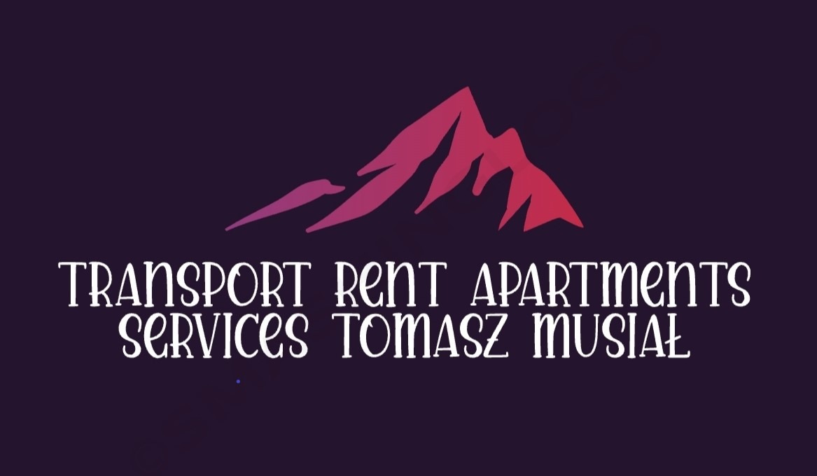 Logo firmy oferującej usługi transportowe i wynajem apartamentów, z motywem górskim w kolorach fioletu i różu, oraz nazwą firmy 'TRANSPORT RENT APARTMENTS SERVICES TOMASZ MUSIAŁ' napisaną ozdobną...