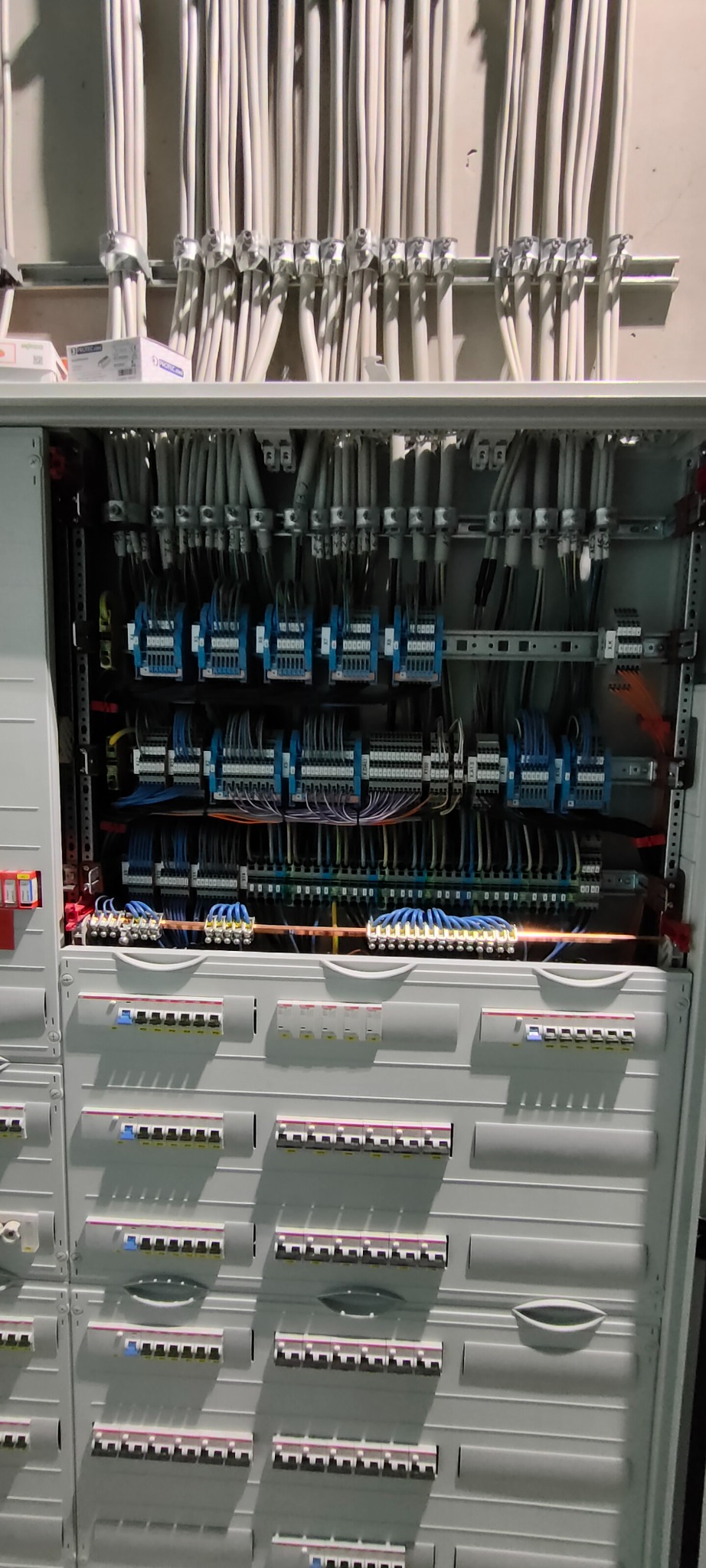 Rozdzielnica elektryczna z licznymi zabezpieczeniami, przewodami i listwami zaciskowymi, ukazująca kompleksową instalację.