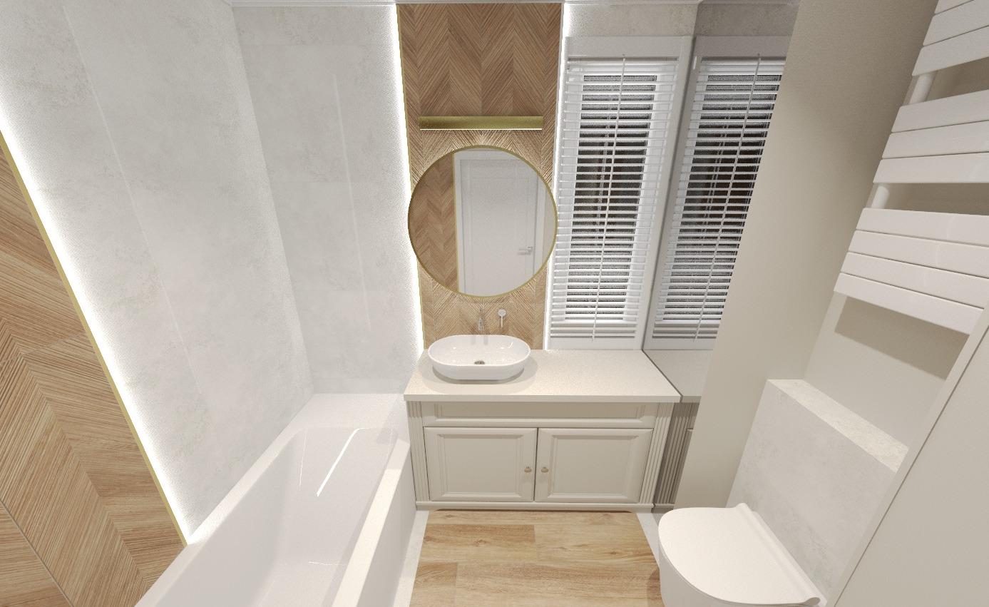 Jasna łazienka z drewnianymi akcentami: owalne lustro nad umywalką nablatową, bateria ścienna, biała wanna, grzejnik drabinkowy i żaluzje okienne.