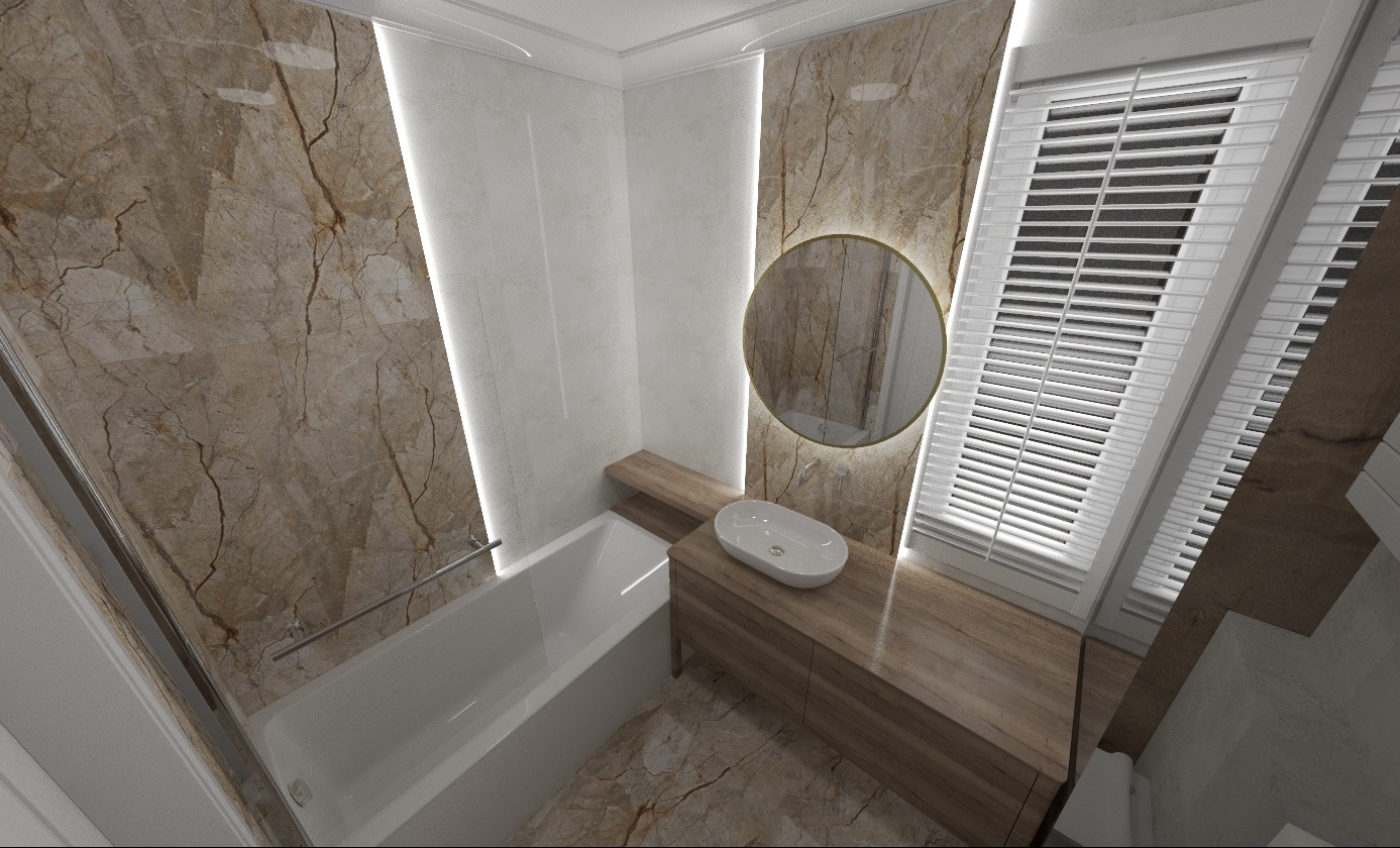 Wizualizacja łazienki z wanną, umywalką nablatową na szafce z drewnopodobnym blatem, okrągłym lustrem z podświetleniem LED i marmurowymi płytkami na ścianach.