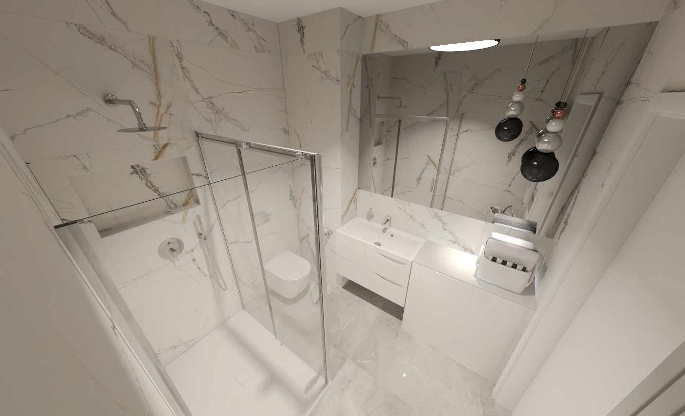 Nowoczesna łazienka z marmurowymi płytkami, kabiną prysznicową ze szklanymi drzwiami, wiszącą toaletą, białą szafką z umywalką i dekoracyjną lampą wiszącą z kul.