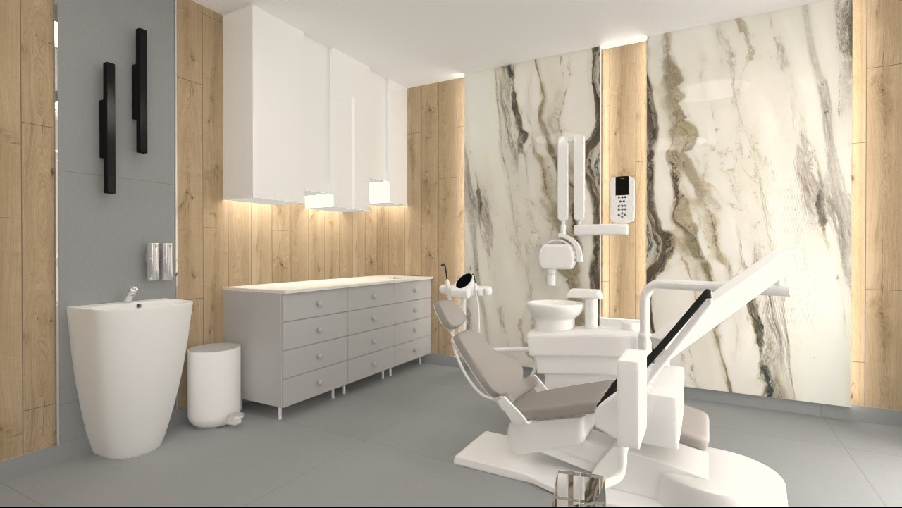 Wizualizacja wnętrza gabinetu stomatologicznego z białym fotelem dentystycznym, umywalką, szafką z szufladami i dekoracyjnymi panelami ściennymi imitującymi marmur.