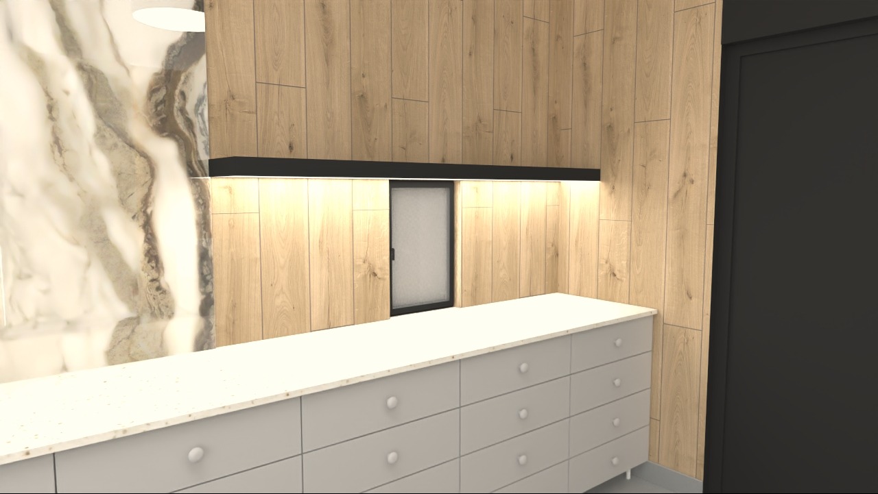 Wizualizacja łazienki z drewnianymi panelami ściennymi, białym blatem i szarymi szafkami z okrągłymi uchwytami, ukryte oświetlenie LED pod czarnym panelem, oraz marmurowa ściana po lewej stronie...