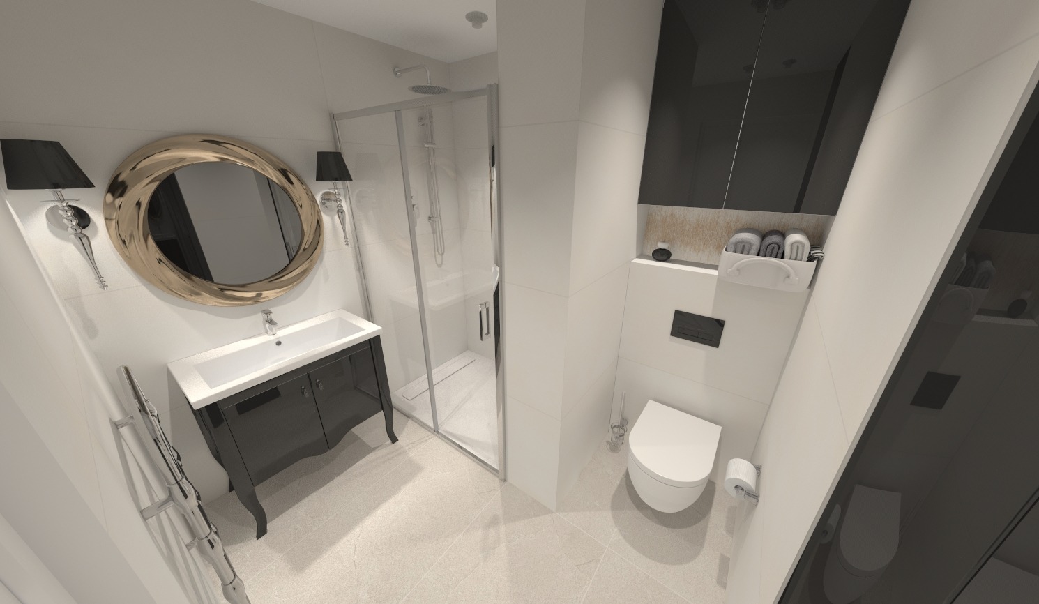 Wizualizacja nowoczesnej łazienki z czarnymi akcentami: szafka pod umywalką, lustro w złotej ramie, kabina prysznicowa, toaleta podtynkowa i półki z ręcznikami.