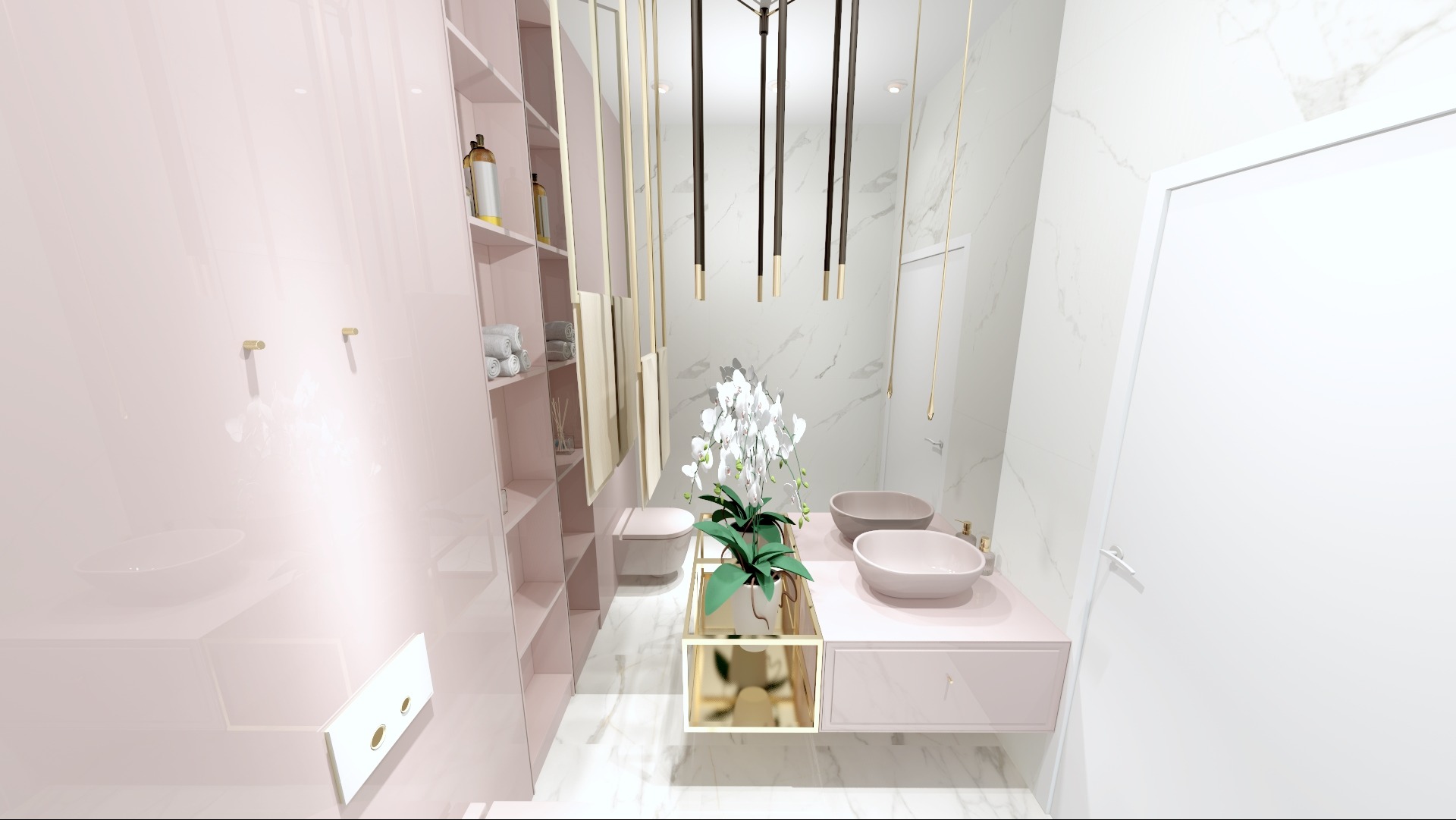 Wizualizacja łazienki w odcieniach różu i bieli: szafka z umywalkami nablatowymi, toaleta, regał z półkami, marmurowe płytki, dekoracyjne lampy wiszące i orchidea.