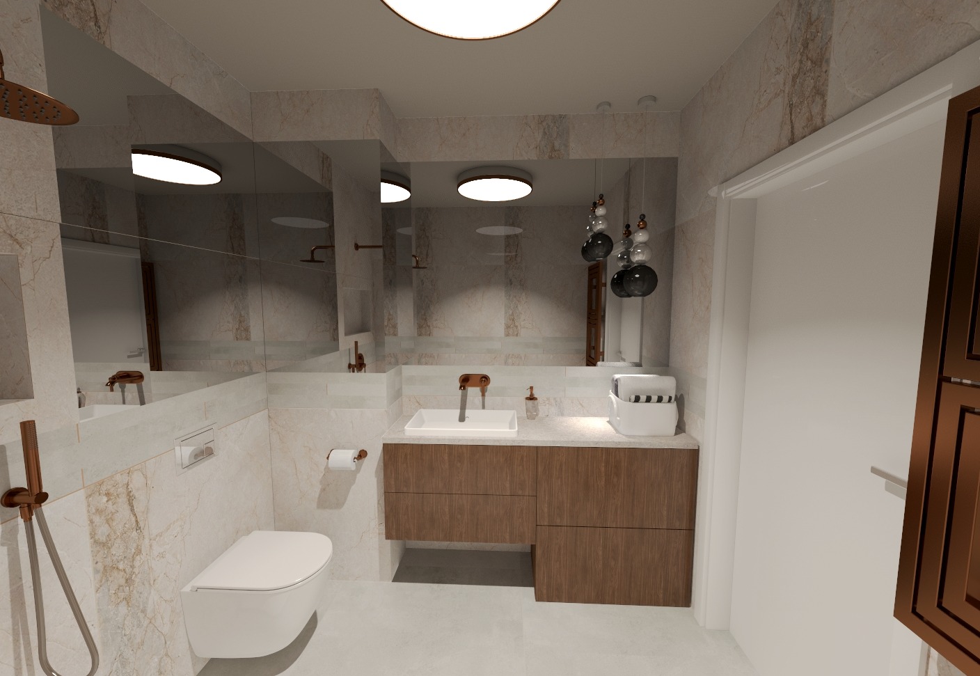 Wizualizacja łazienki z marmurowymi płytkami, wiszącą toaletą, szafką pod umywalką z drewnopodobnym fornirem i dekoracyjnymi lampami wiszącymi.
