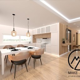 MGM Projekt Marzena Gidaszewska Materna - Wizualizacja wnętrza mieszkania z jadalnią i kuchnią w odcieniach bieli, szarości i drewna, z elementami inspirowanymi stylem japońskim, widoczne logo firmy projektowej w prawym dolnym rogu.